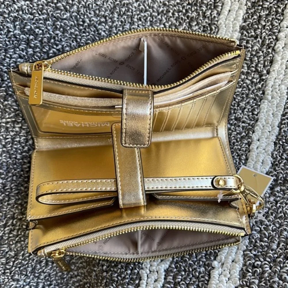 Michael Kors Jet Set Travel Large Double Zip Wristlet Wallet Pale Gold